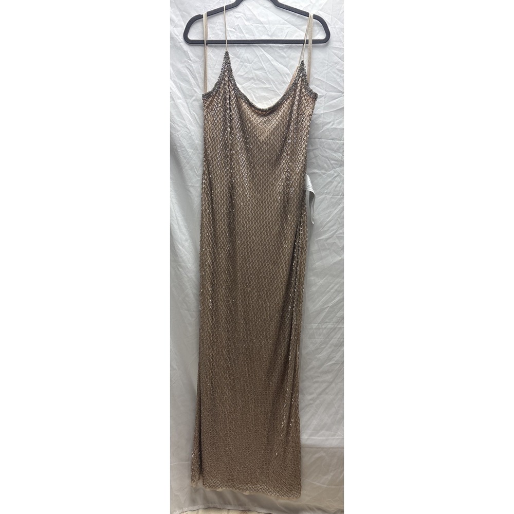 Mac Duggal Size 12 Gold Beaded Mesh Maxi Dress Rhinestone Embellished Gown